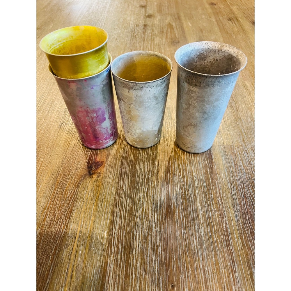 Vintage Set of 4 Aluminum Tumblers Distressed Metal Cups Mid Century Industrial